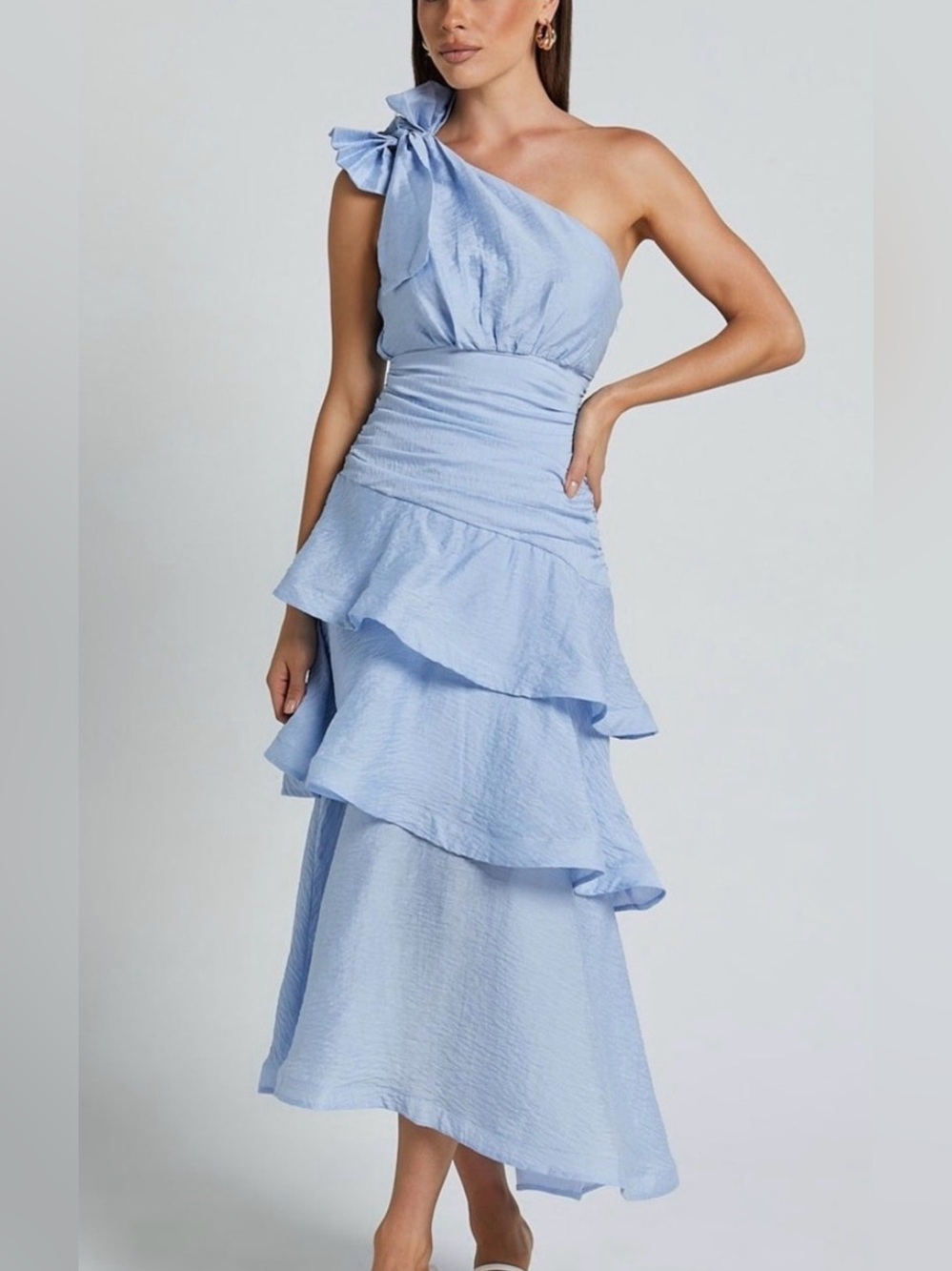 Showpo One-Shoulder Light Blue Ruffle Midi Dress